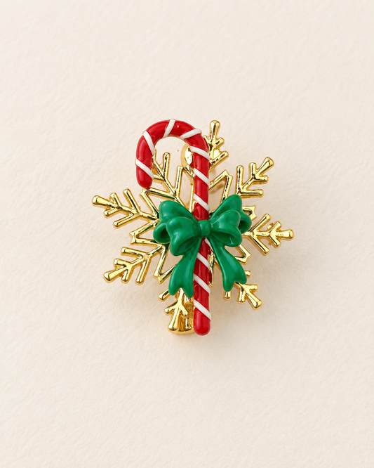 Broche flocon de neige dorée avec sucre d'orge rouge et blanc et noeud vert, accessoire bijou fantaisie Noël femme