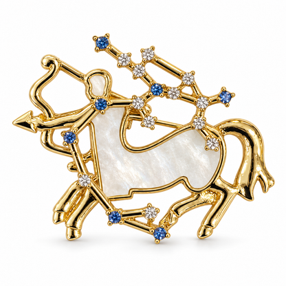 Broche dorée signe astrologique Sagittaire constellation nacre et strass bleus blancs accessoire femme zodiaque
