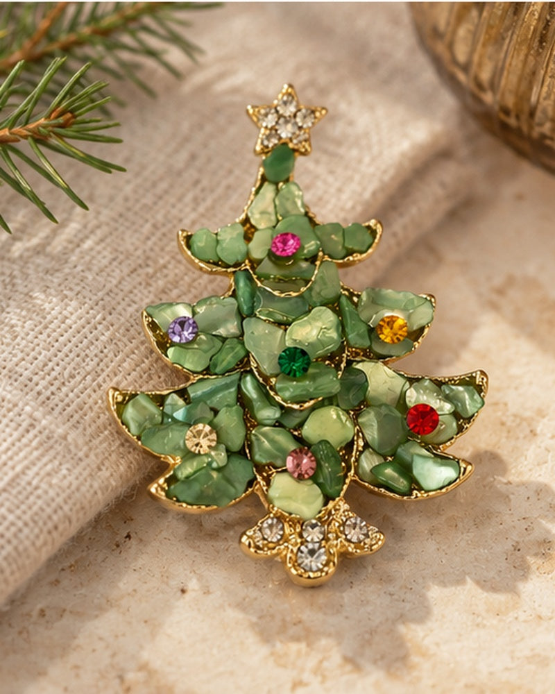 Broche sapin de Noël verte en pierres naturelles avec strass multicolores et étoile dorée accessoire femme fêtes