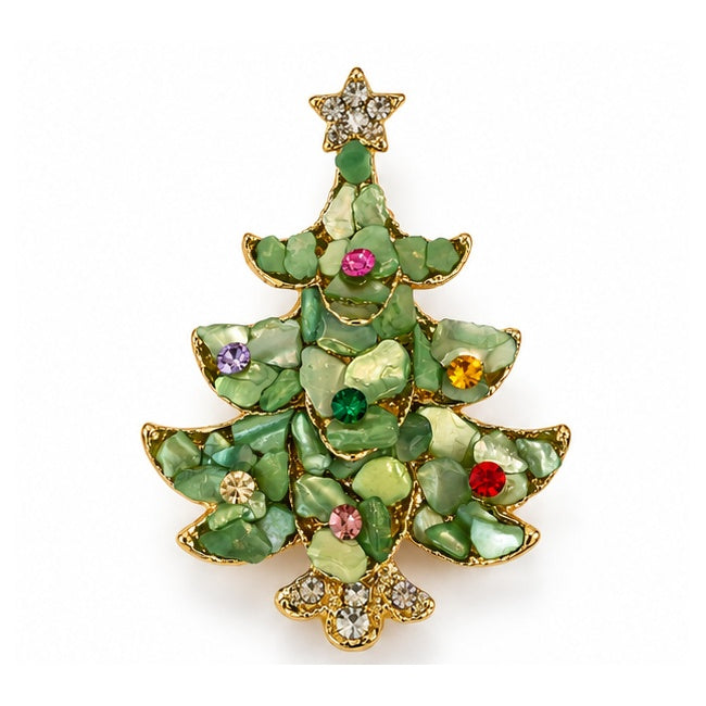 Broche sapin de Noël verte en pierres fantaisie avec strass multicolores et étoile dorée accessoire festif femme
