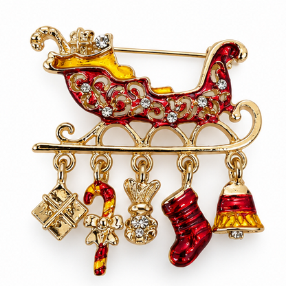 Broche traineau de Noël dorée et rouge avec breloques cadeau chaussette sucre d'orge cloche accessoire bijou fêtes femme