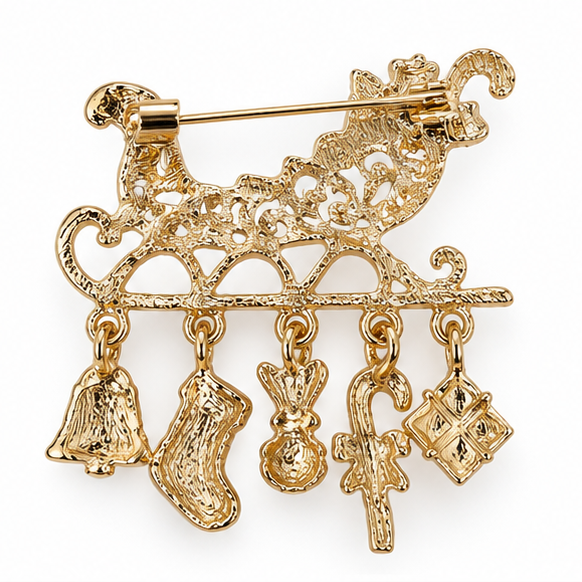 Broche traîneau dorée style Noël avec breloques pendantes cloche chaussette cadeau accessoire fantaisie femme fêtes