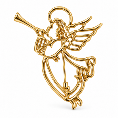 Broche ange dorée ajourée avec trompette et ailes déployées, bijou fantaisie céleste femme