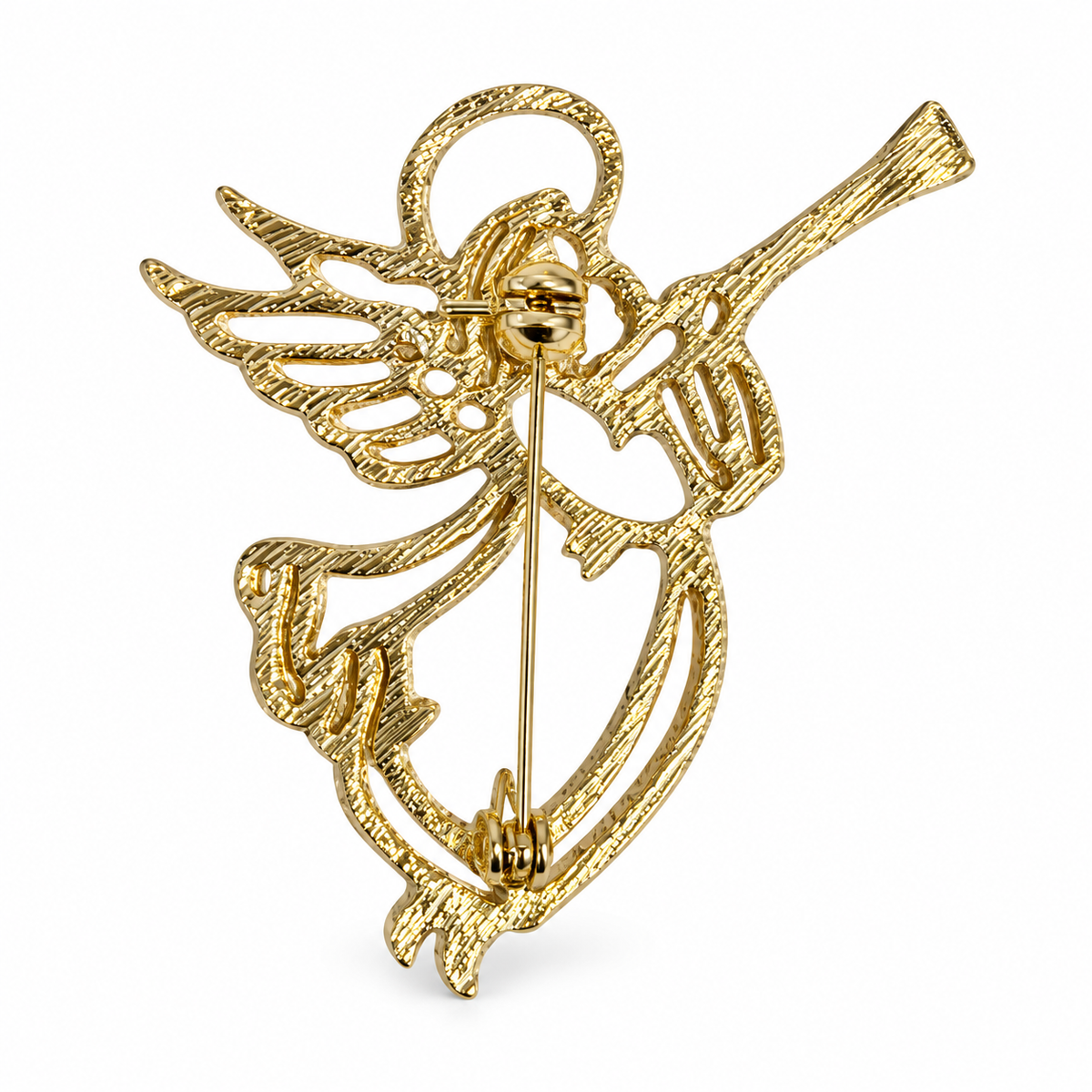 Broche ange dorée ajourée avec trompette et auréole, accessoire fantaisie femme style céleste