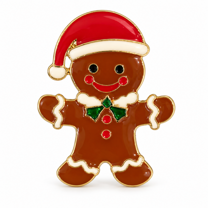 Broche bonhomme pain d'épice émaillée rouge et marron avec bonnet Père Noël, accessoire fantaisie Noël femme
