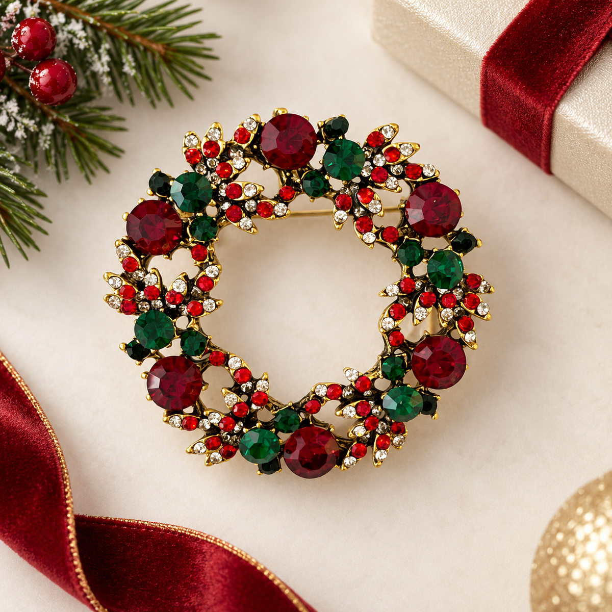 Broche couronne de Noël cristaux rouges verts dorés bijou festif femme accessoire fêtes hiver