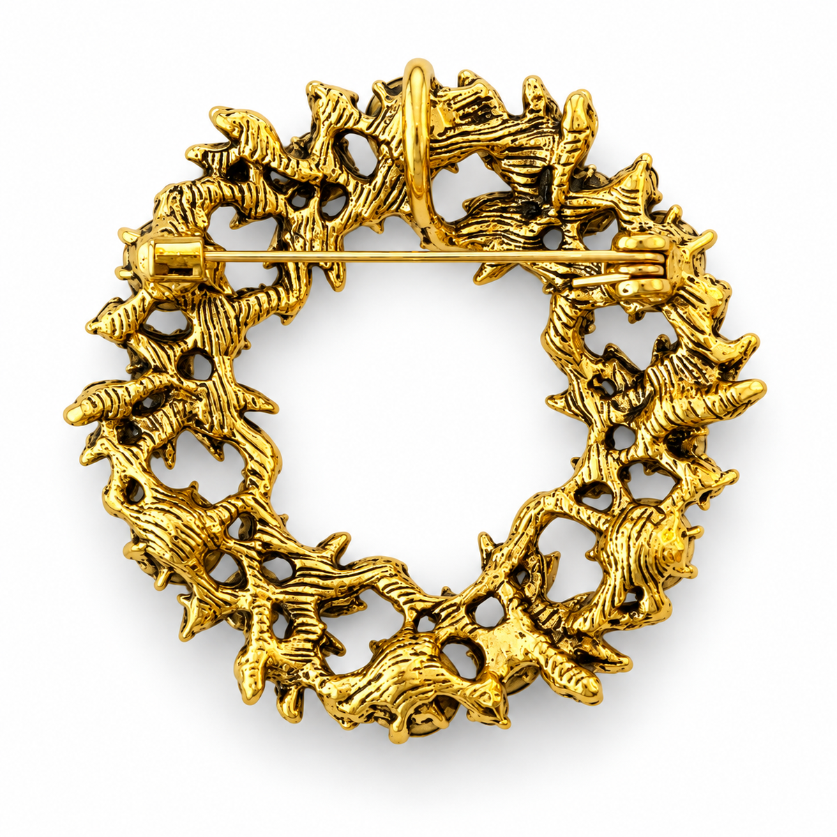 Broche couronne de Noël dorée style baroque effet vieilli avec fermoir épingle accessoire bijou femme fêtes