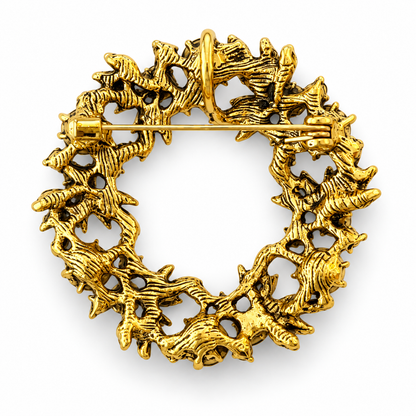 Broche couronne de Noël dorée style baroque effet vieilli avec fermoir épingle accessoire bijou femme fêtes
