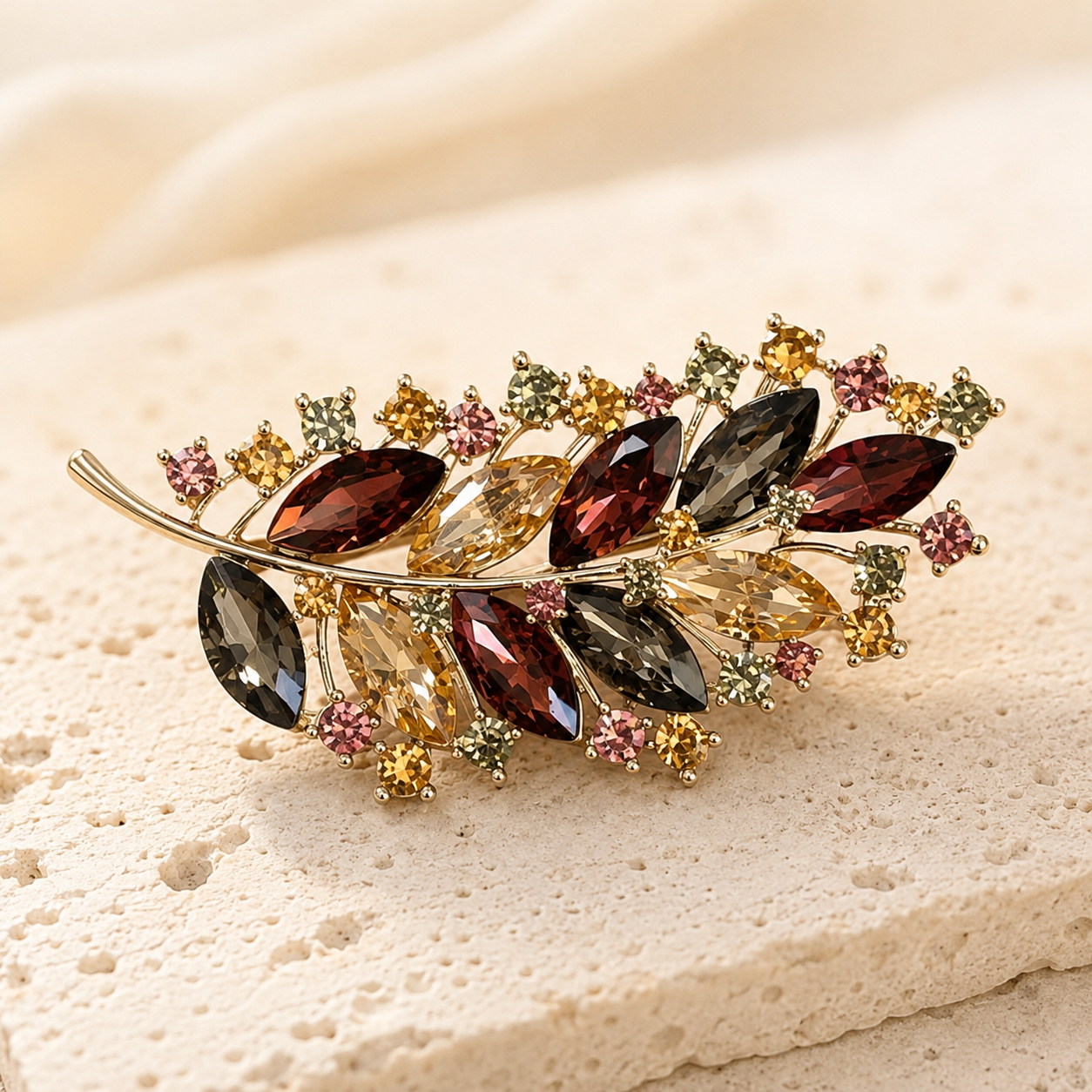 Broche feuille dorée ornée de cristaux multicolores automne bordeaux ambre gris accessoire femme élégant