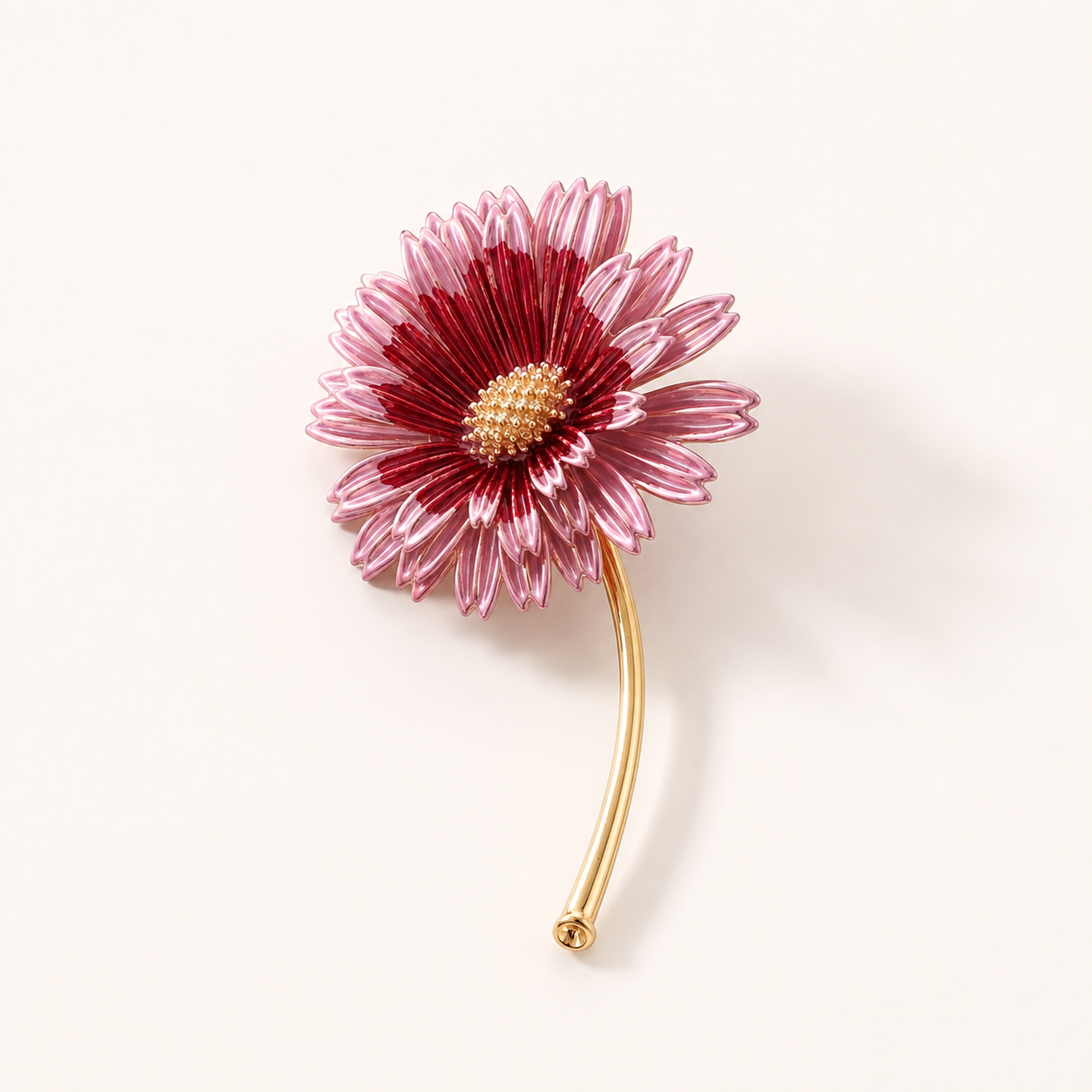 Broche marguerite rose et bordeaux avec tige dorée, accessoire bijou fleur élégant femme