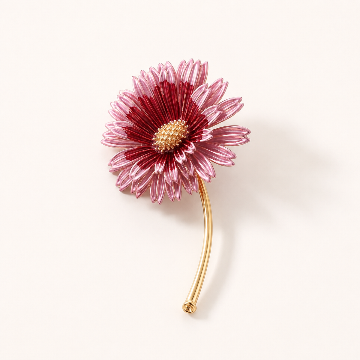 Broche marguerite rose et bordeaux avec tige dorée, accessoire bijou fleur élégant femme