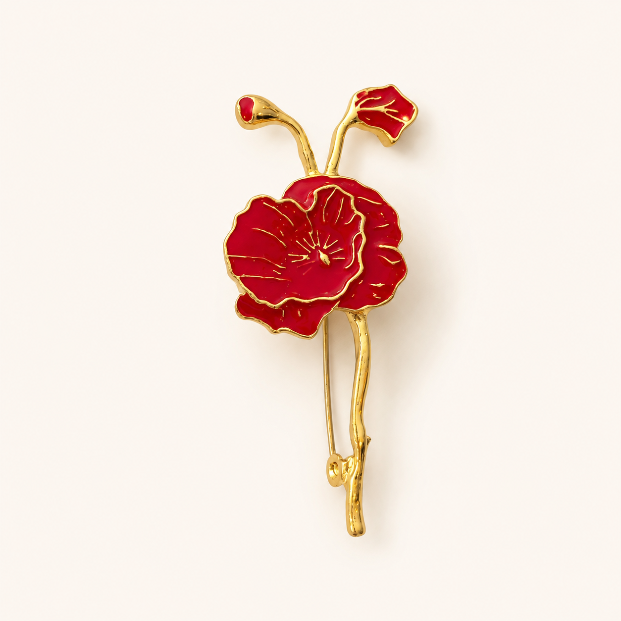 Broche fleur de pavot rouge émaillée dorée, accessoire bijou fantaisie femme style élégant