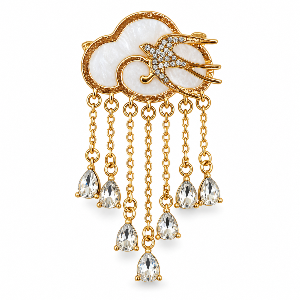 Broche nuage hirondelle dorée avec nacre blanche et cristaux gouttes de pluie, accessoire fantaisie femme élégant