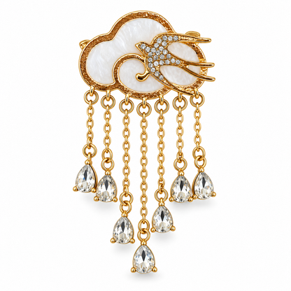 Broche nuage hirondelle dorée avec nacre blanche et cristaux gouttes de pluie, accessoire fantaisie femme élégant