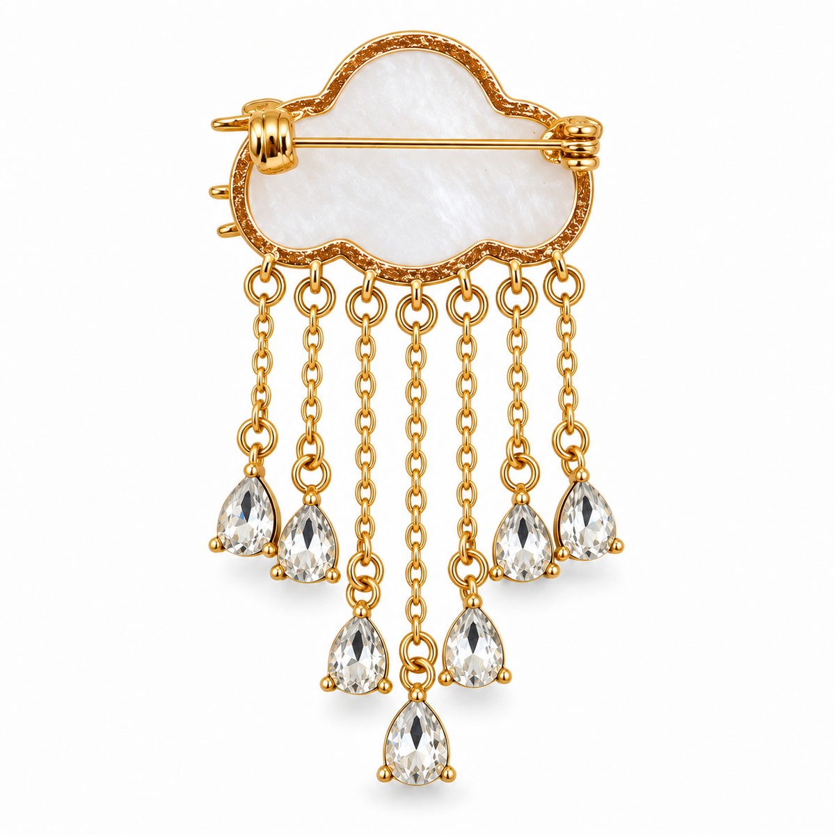 Broche nuage nacré doré avec pendentifs gouttes cristal, accessoire bijou fantaisie femme élégant
