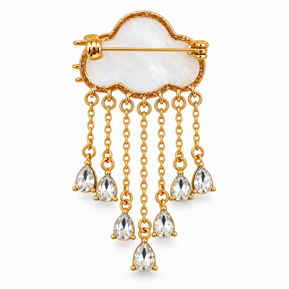 Broche nuage nacré doré avec pendentifs gouttes cristal, accessoire bijou fantaisie femme élégant