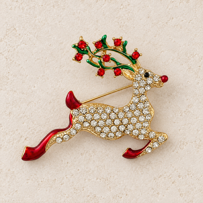 Broche renne de Noël dorée ornée de strass cristal et émail rouge vert, accessoire festif femme bijou fantaisie fêtes