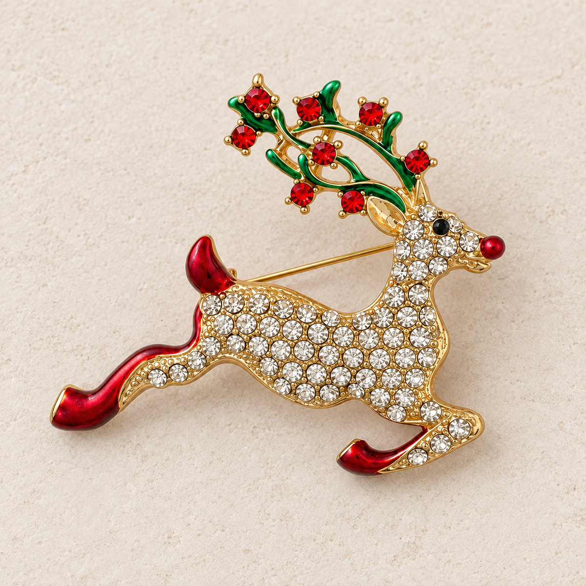 Broche renne de Noël dorée ornée de strass cristal et émail rouge vert, accessoire festif femme