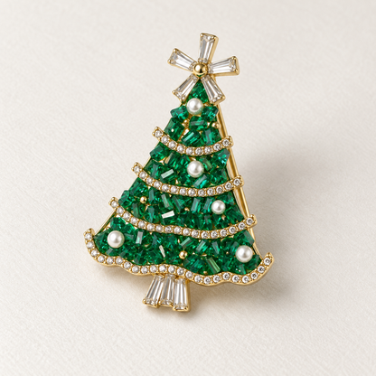 Broche sapin de Noël en strass verts et cristaux blancs avec perles, accessoire bijou festif femme