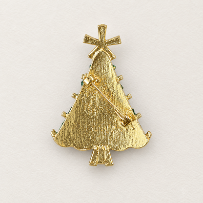 Broche sapin de Noël dorée avec strass verts et étoile, dos texturé avec fermoir épingle, bijou fantaisie femme fêtes