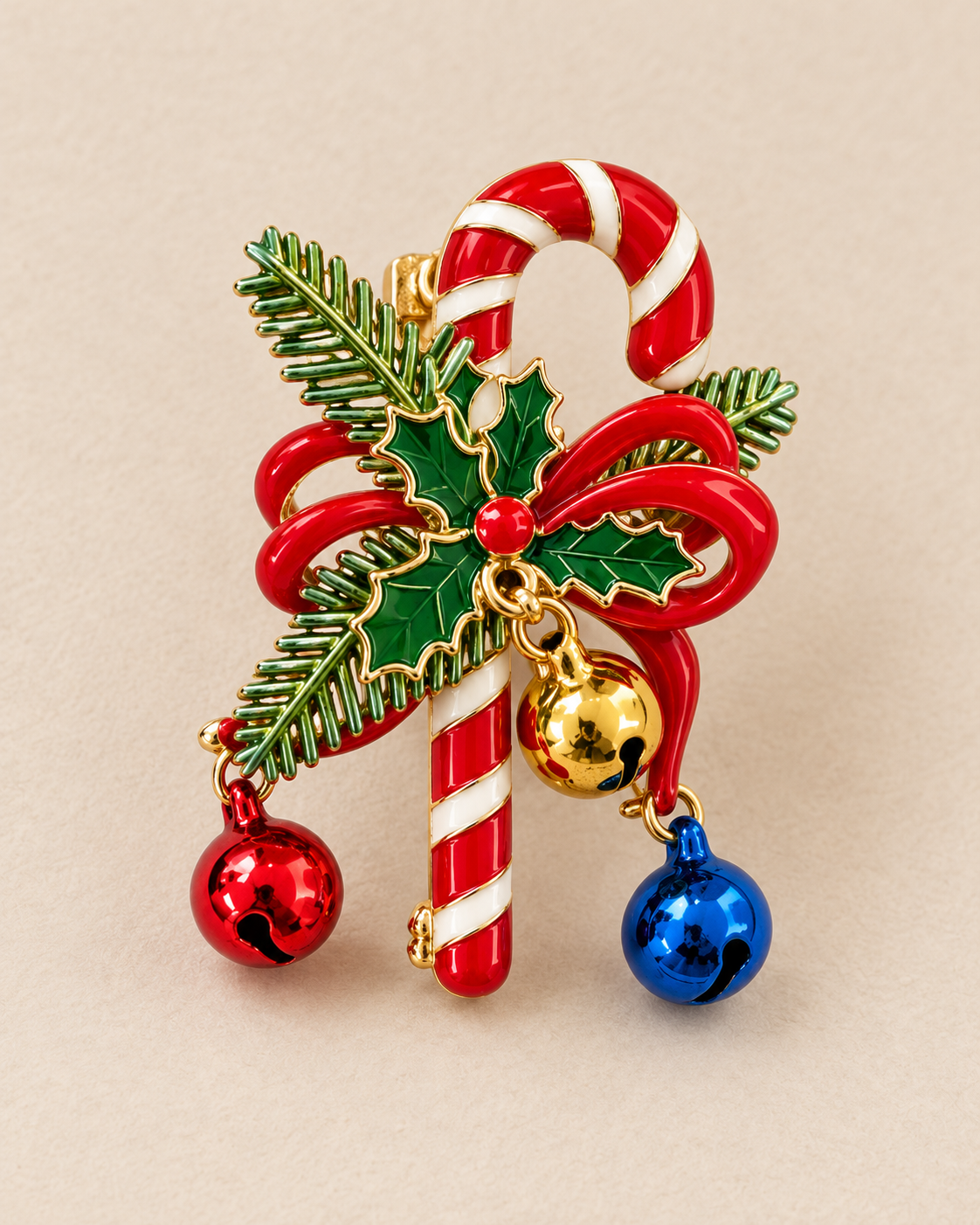 Broche sucre d'orge rouge et blanc avec nœud, houx et breloques boules de Noël dorée bleue rouge accessoire festif femme