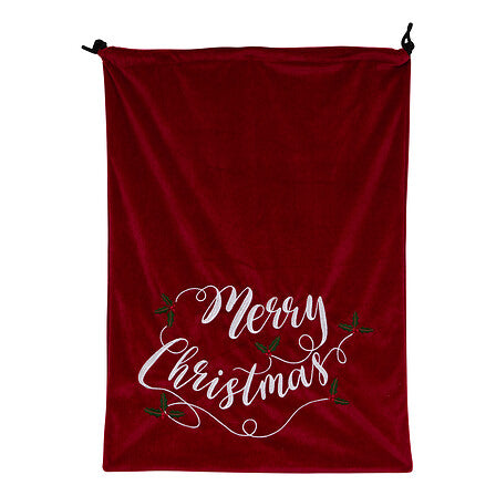 Hotte de Noël rouge velours brodée Merry Christmas avec cordon noir décoration festive traditionnelle