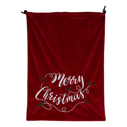 Hotte de Noël rouge velours brodée Merry Christmas avec cordon noir décoration festive traditionnelle