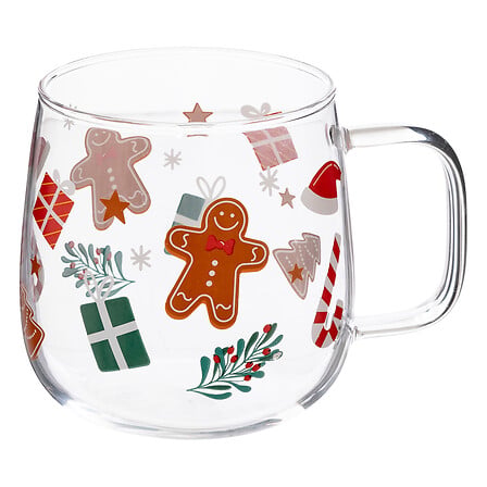 Mug en verre transparent 54 cl motifs Noël pain d'épices cadeaux et branches de houx décoration table fêtes