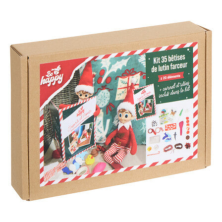 Kit 35 bêtises lutin farceur Noël avec accessoires miniatures et carnet d'idées décoration festive enfant