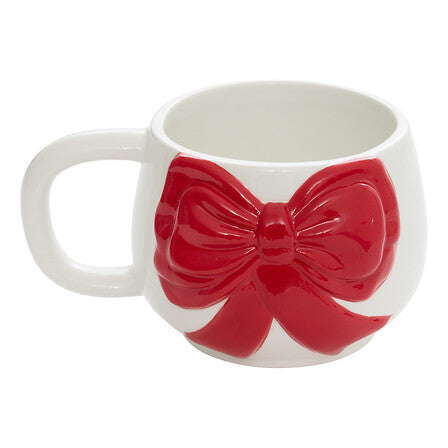 Mug déco Noël en dolomite blanc avec nœud rouge en relief 50 cl, idéal tasse originale fêtes de fin d'année
