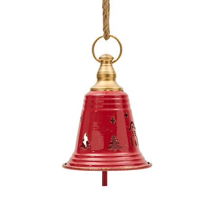 Cloche de Noël en métal rouge à suspendre avec décor sapin et bonhomme de neige, hauteur 17 cm déco festive