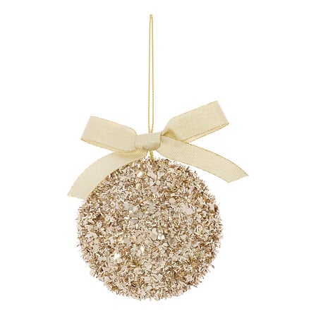 Boule de Noël brillante dorée 8 cm avec nœud satiné champagne décoration sapin festive pailletée