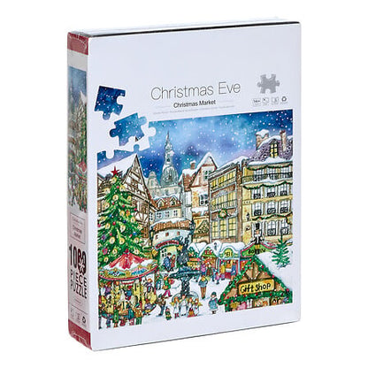 Puzzle Noël 1000 pièces marché de Noël Christmas Eve illustration village enneigé décoration festive hiver