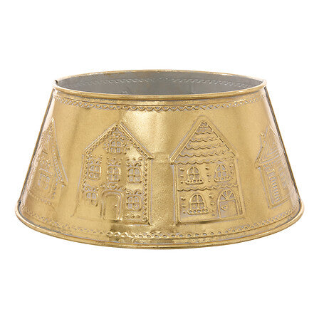 Pied de sapin doré en métal avec motifs maisons en relief diam 56 cm décoration Noël élégante