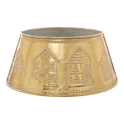 Pied de sapin doré en métal avec motifs maisons en relief diam 56 cm décoration Noël élégante