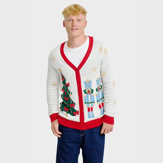 Cardigan de Noël blanc cassé motif casse-noisette et sapin, bordures rouges, pull festif mixte homme femme