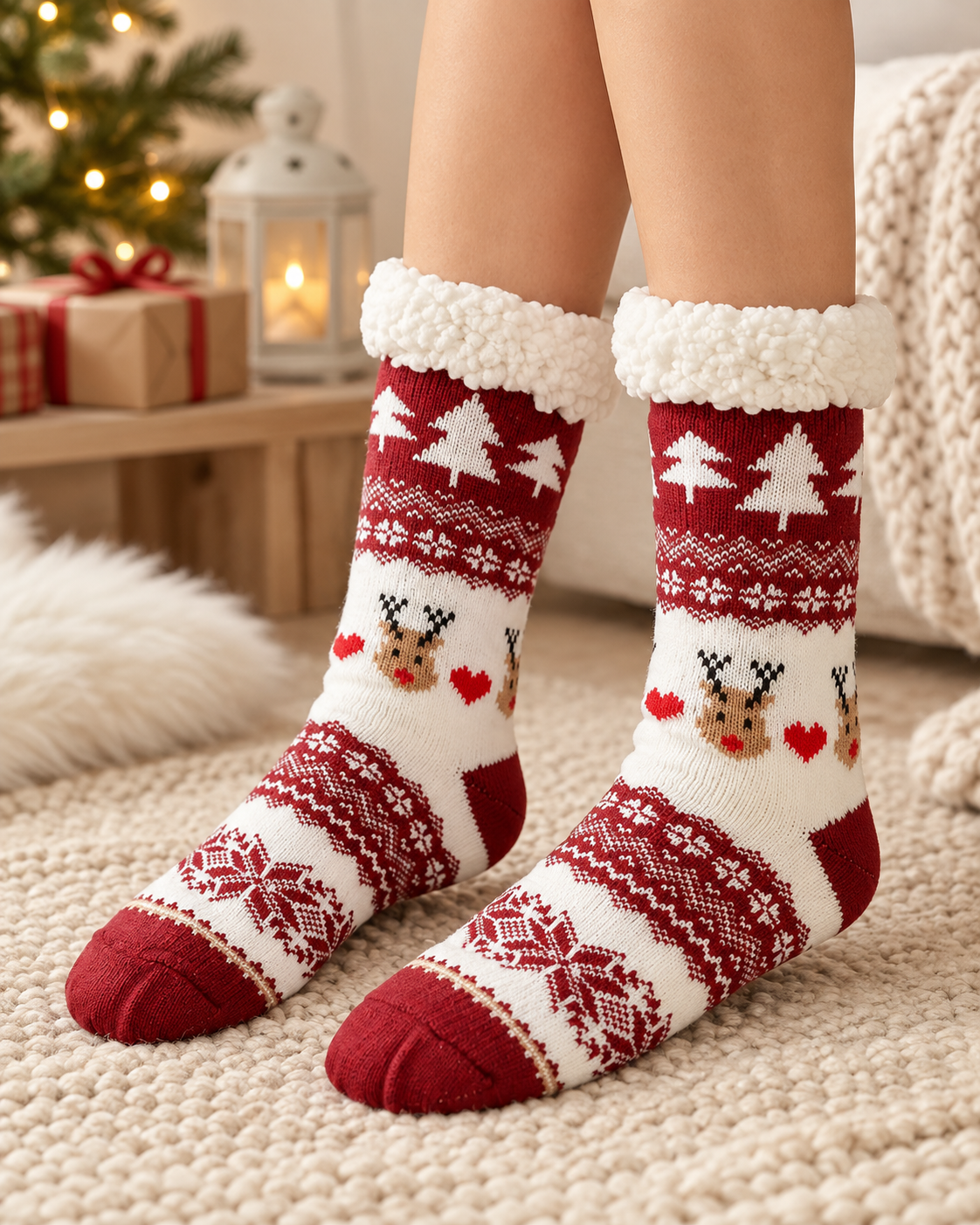 Chaussettes de Noël doublées polaire rouge et blanc motif renne et flocons avec revers sherpa femme
