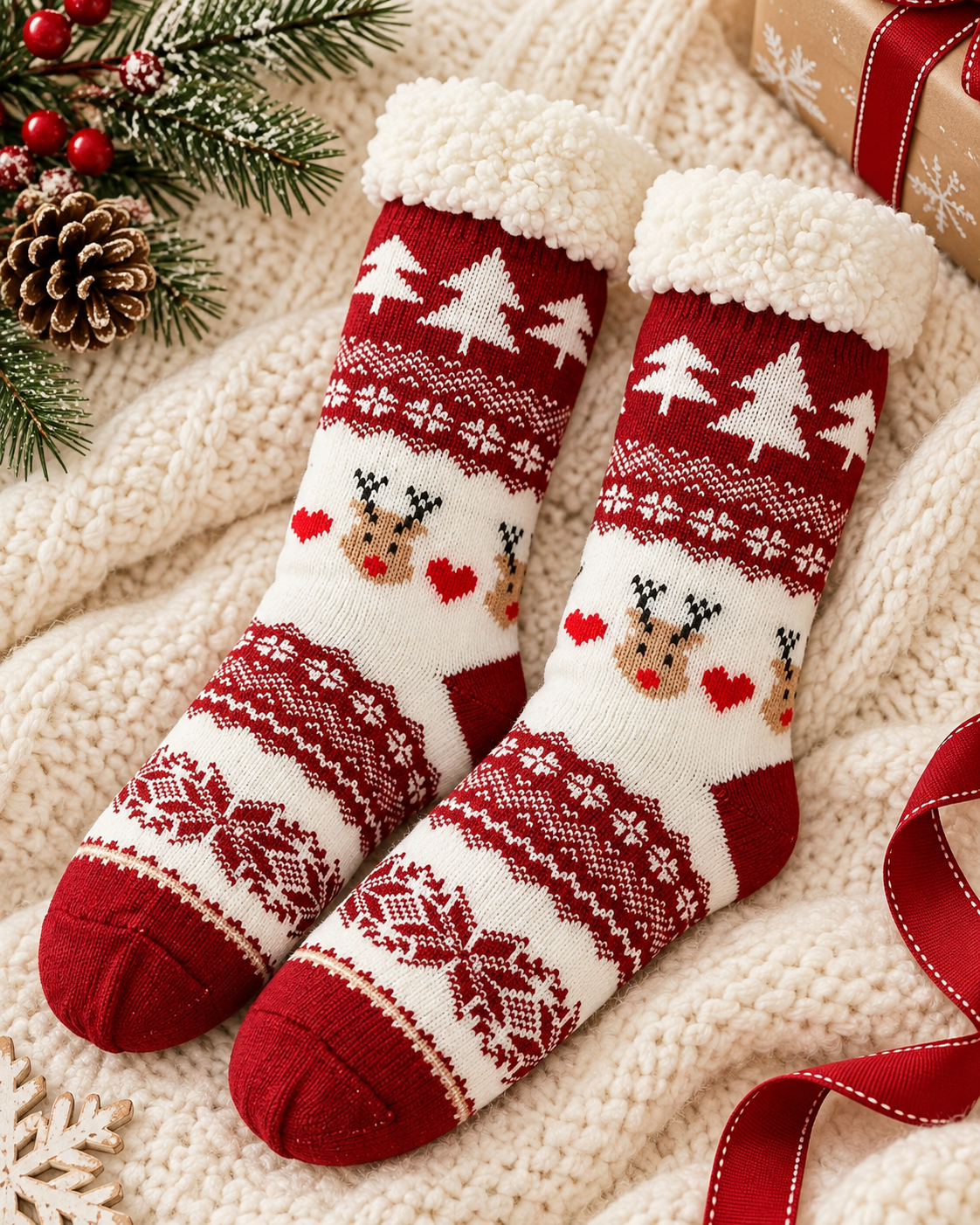 Chaussettes de Noël rouges et blanches doublées polaire motif renne et sapin style nordique femme hiver