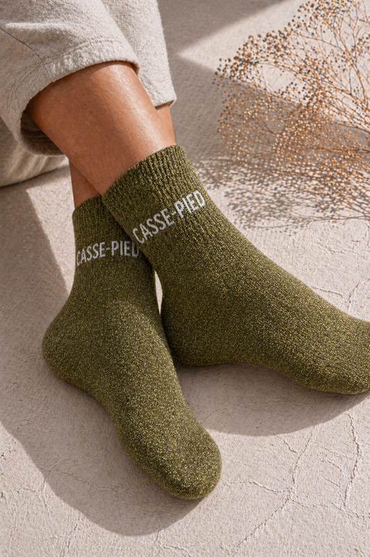 chaussettes à paillettes vert écriture casse pied portée