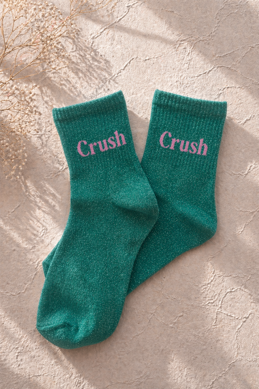 Chaussettes pailletées vert émeraude message Crush rose — cadeau romantique femme