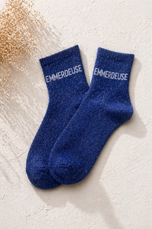 Chaussettes pailletées bleu marine message EMMERDEUSE blanc — cadeau humour femme