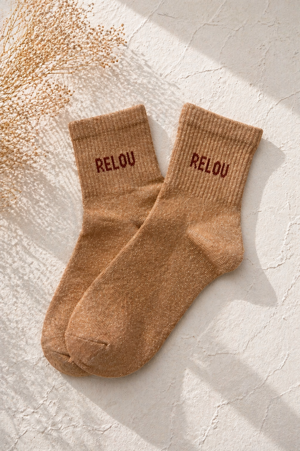 Chaussettes pailletées camel message RELOU — cadeau humour femme