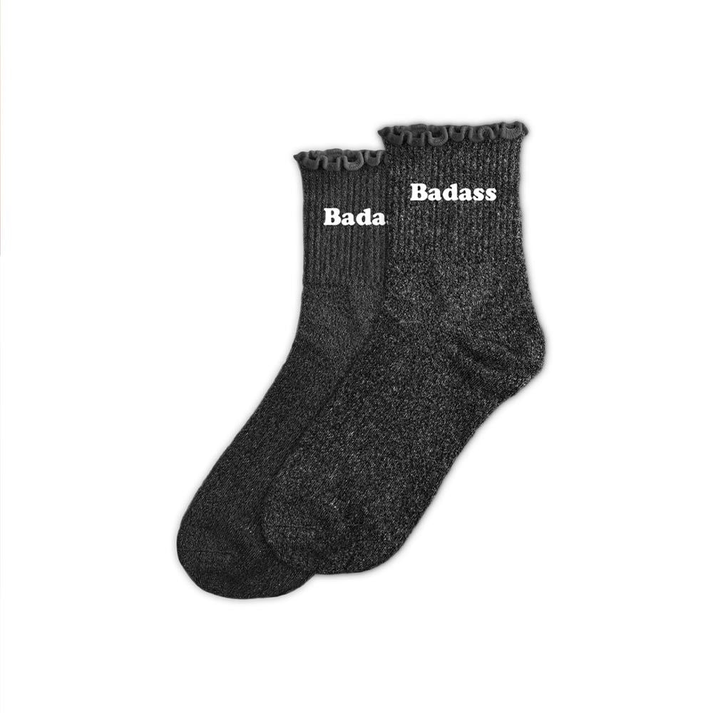 Chaussettes à paillettes Badass noires à message avec finition festonnée