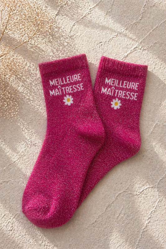 Chaussettes pailletées roses avec inscription Meilleure Maîtresse et motif marguerite