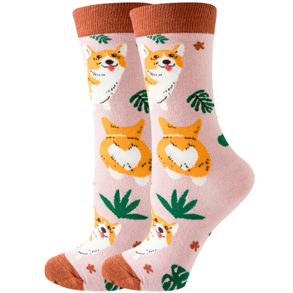 Chaussettes femme motif chien Corgi rose