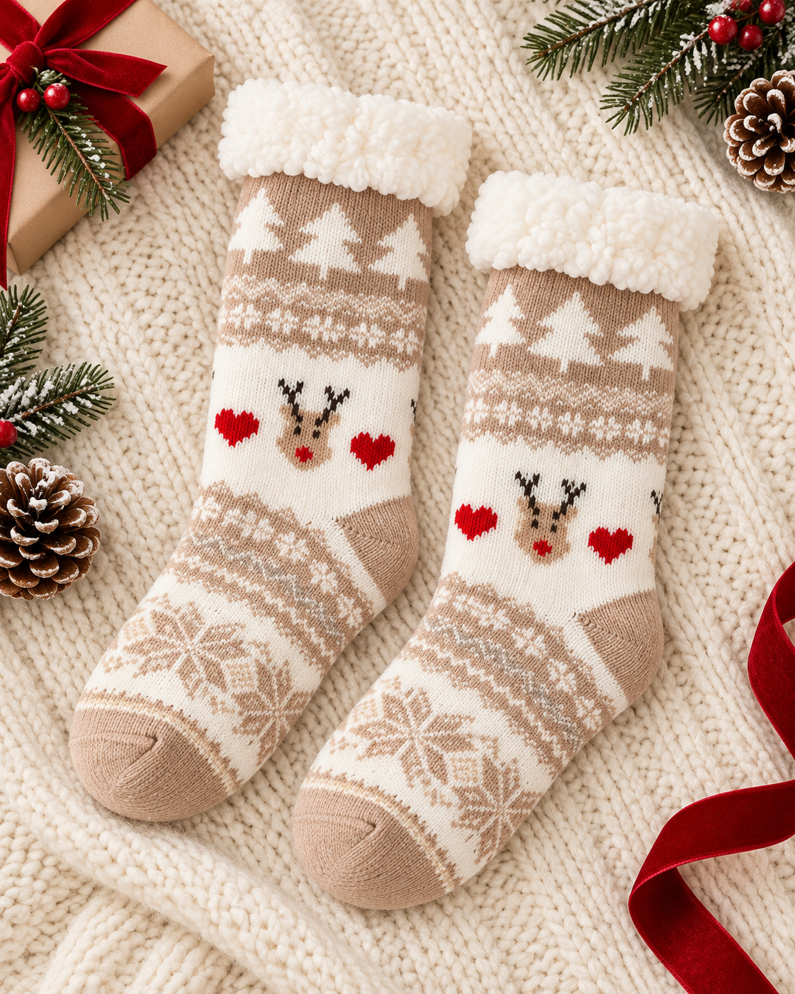 Chaussettes de Noël doublées polaire beige et blanc motif renne et flocons avec revers sherpa femme hiver