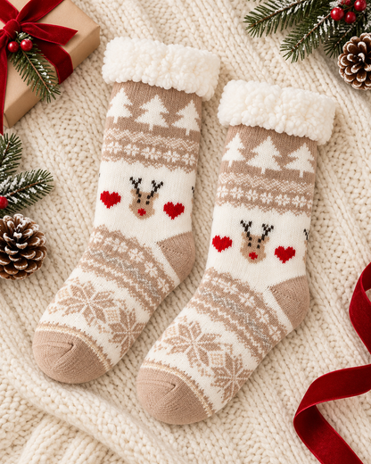 Chaussettes de Noël doublées polaire beige et blanc motif renne et flocons avec revers sherpa femme hiver