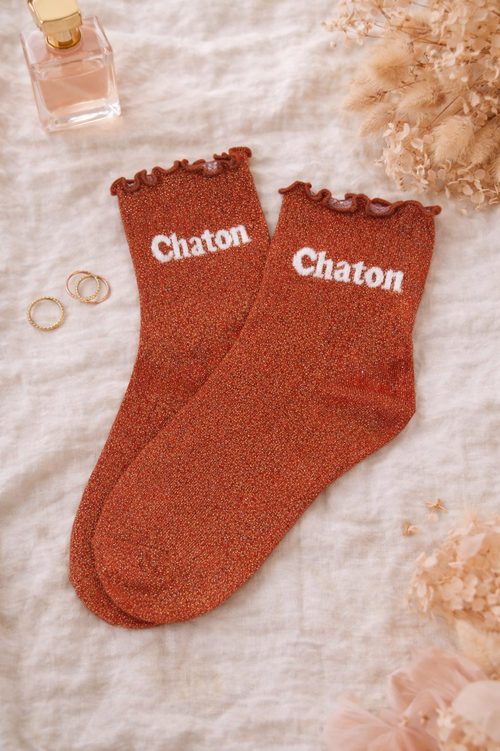 Chaussettes à paillettes Chaton cuivrées avec finition festonnée