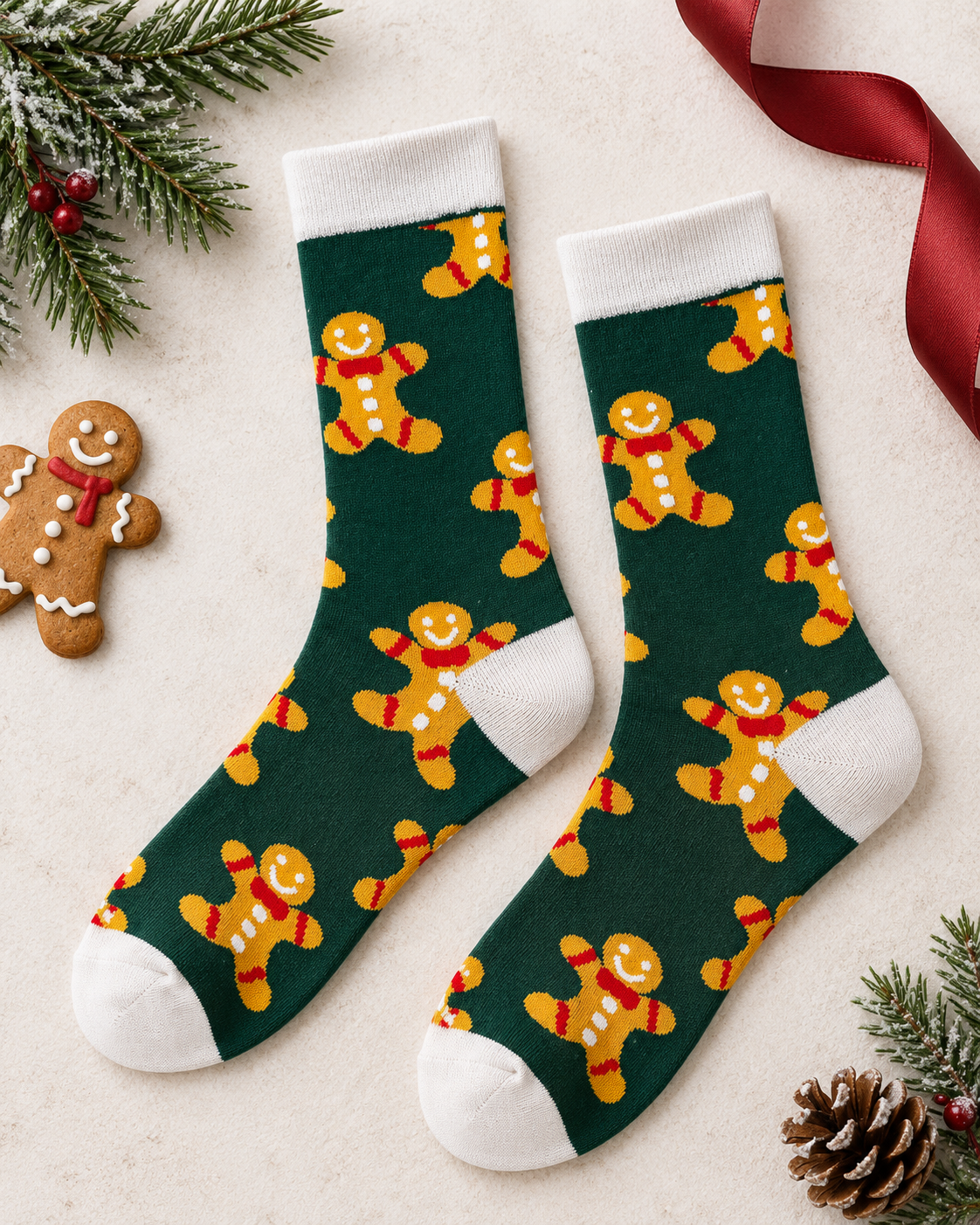 Chaussettes vertes motif bonhomme pain d'épice avec bord et talon blancs accessoire festif Noël unisexe