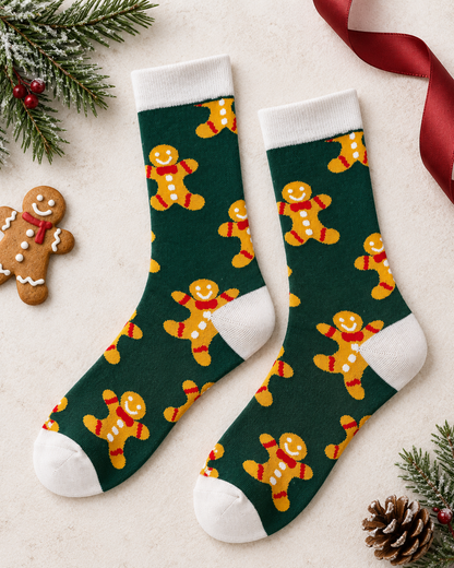 Chaussettes vertes motif bonhomme pain d'épice avec bord et talon blancs accessoire festif Noël unisexe